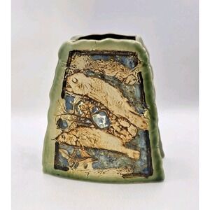 Tenmoku Pottery Malaysia Handcrafted Vase Fish Relief Design 7" Art Studio Glaze
